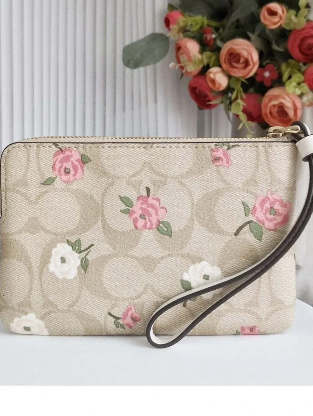 Coach Beige Floral Canvas Wristlet with Pink & White Roses NWT